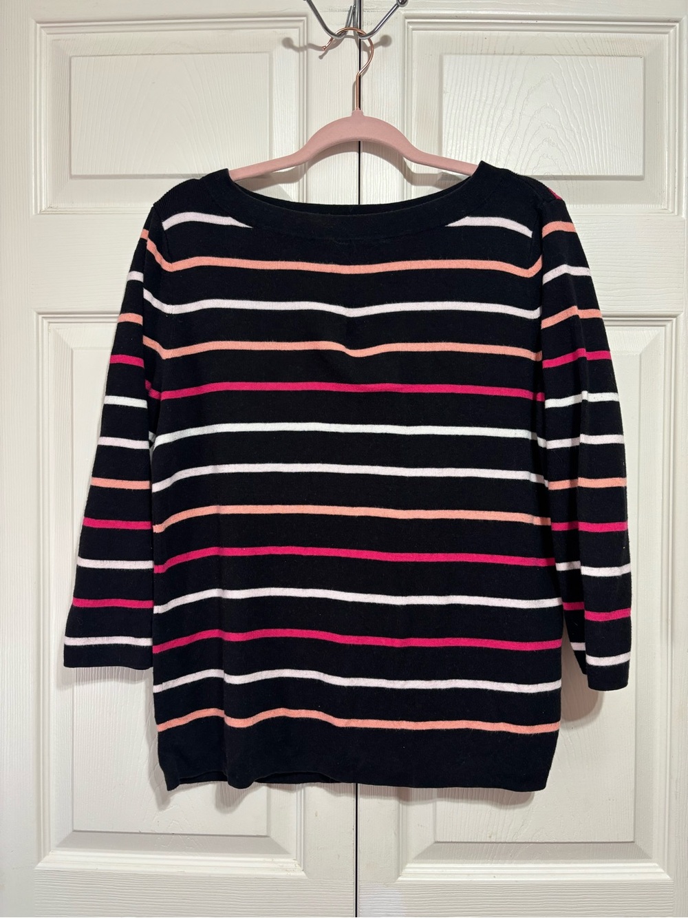 Talbots Black Crewneck Sweater with Pink & Cream Stripes